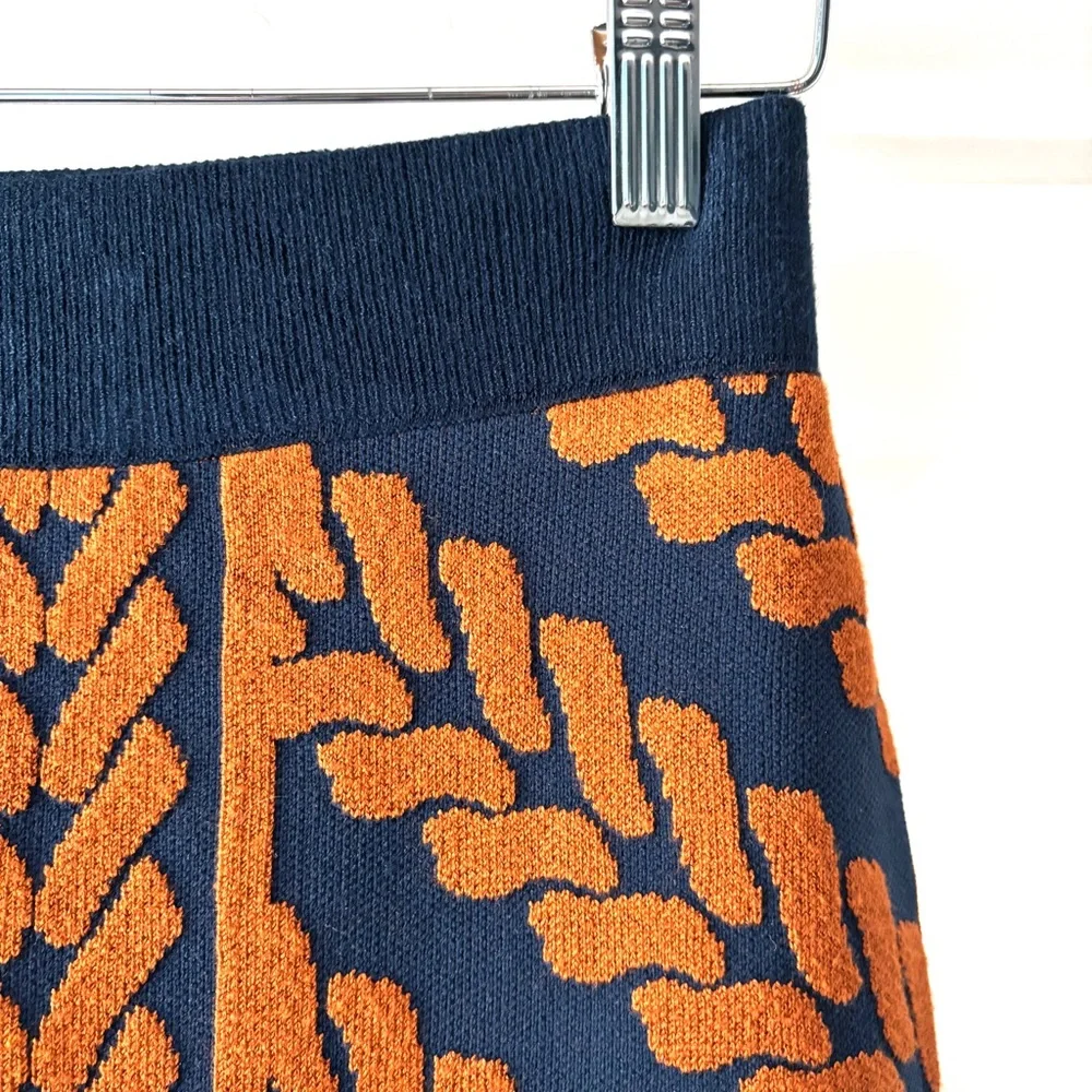 Anthropologie Maeve Navy Orange Knit Skirt Knee Length Pencil Size Small
